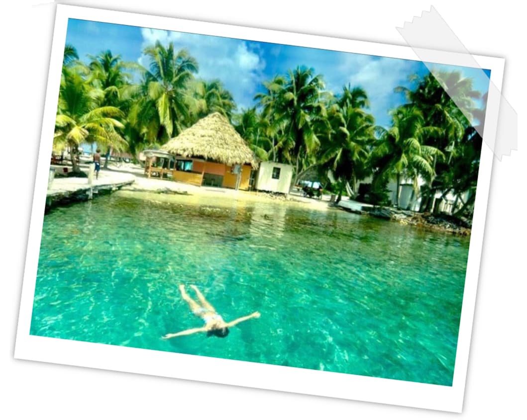 A person floats in clear turquoise water surrounded by palm trees and a thatched-roof hut.